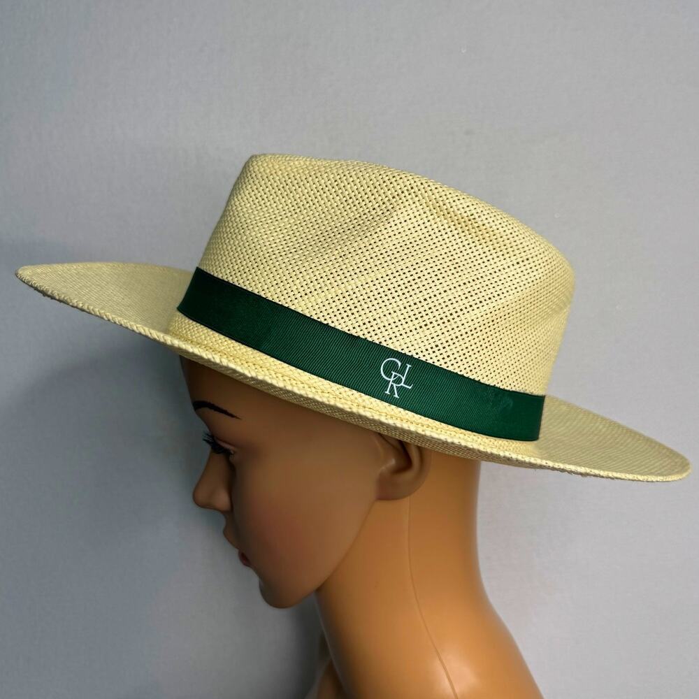CRL Structured Straw Wide Brim Fedora Panama Hat Green Band 21.5-22”